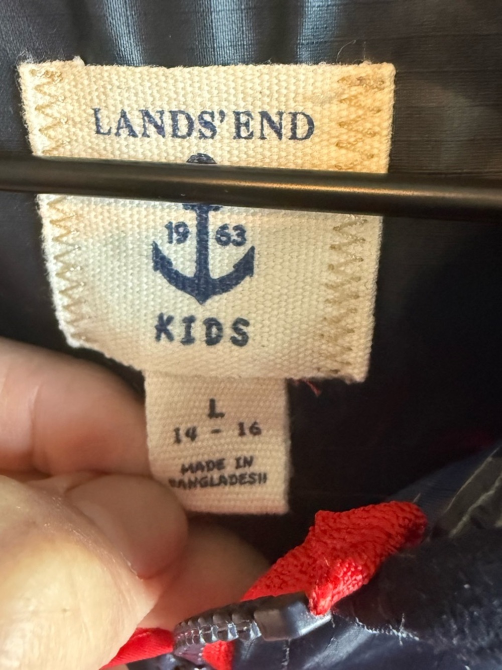 LANDS END Kids 14 / 16 Large Rain Coat Windproof Jacket Blue Red Packable Hood - Picture 7 of 13